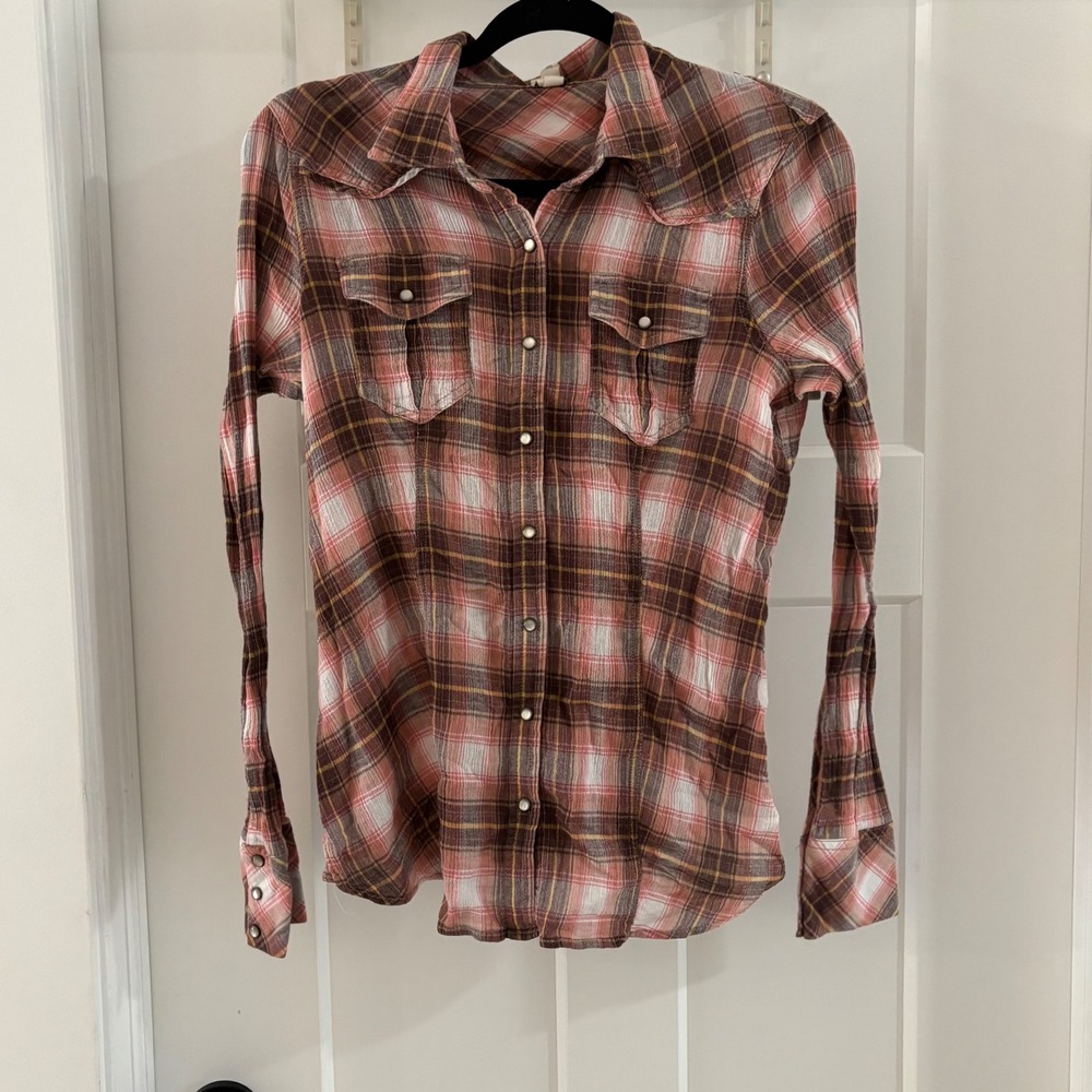 We The Free Flannel Plaid Western Shirt Small Lace up pearl snap gauzy Cotton FP